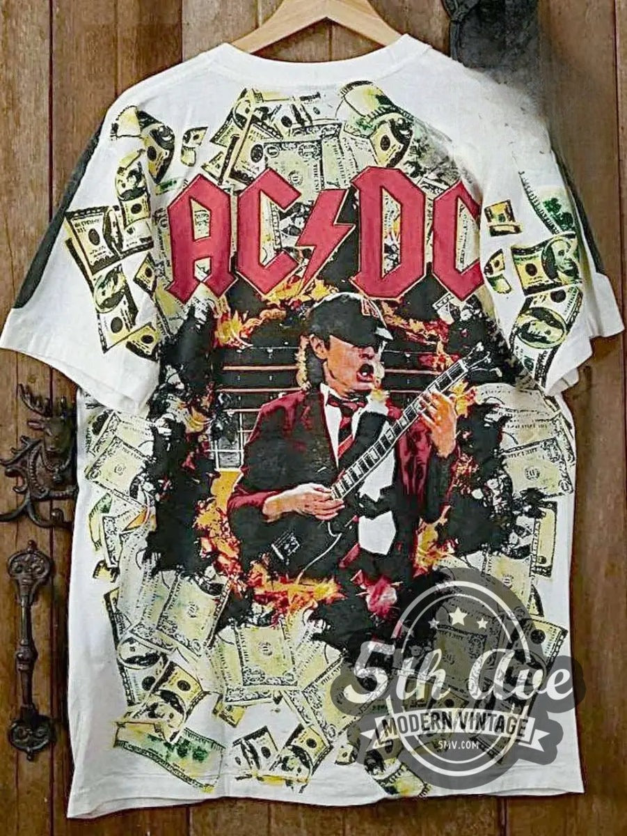 AC/DC Live Concert Photo all-over-print vintage band t-shirt in white, front view on the 5MV rack