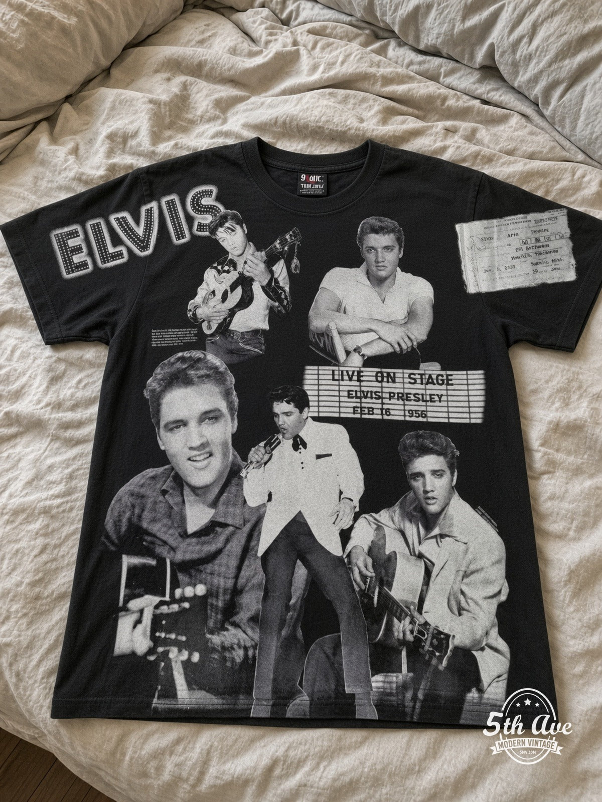 Elvis Presley Live On Stage Collage all over print vintage tee laid on bed