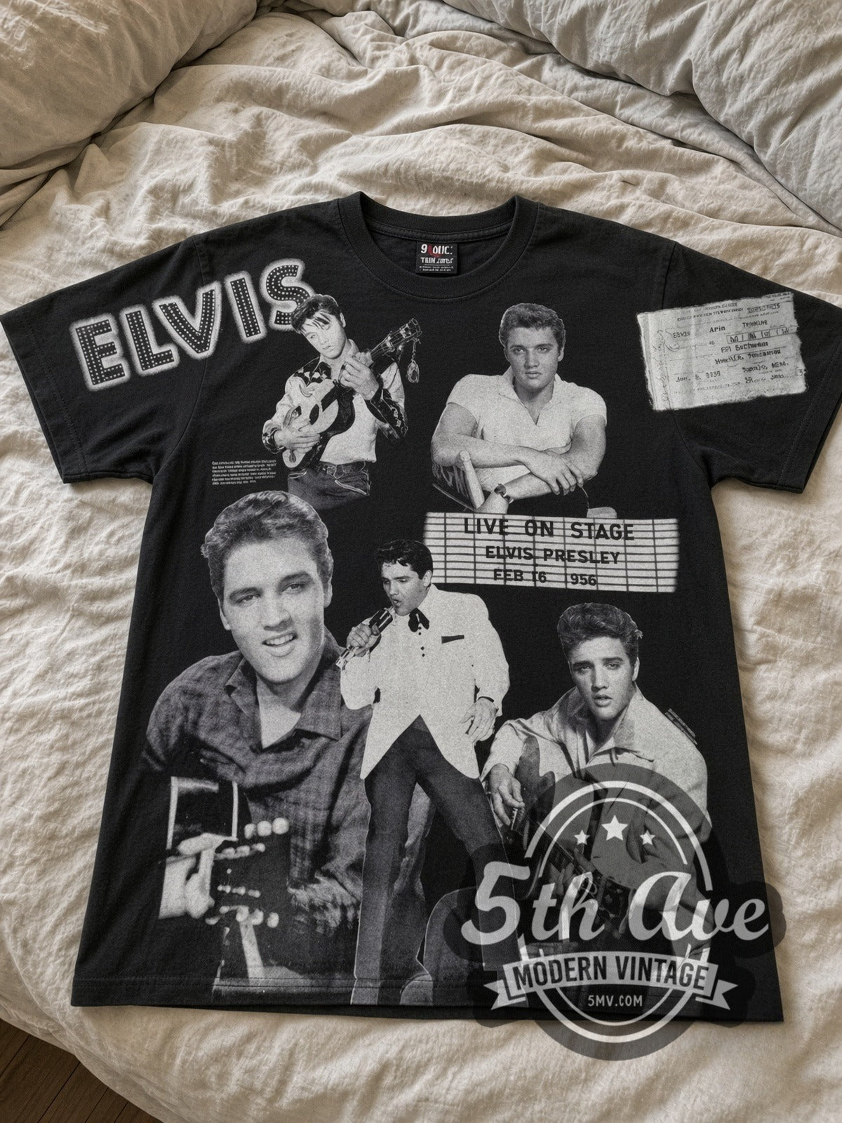 Elvis Presley Live On Stage Collage all-over-print vintage band tee laid flat