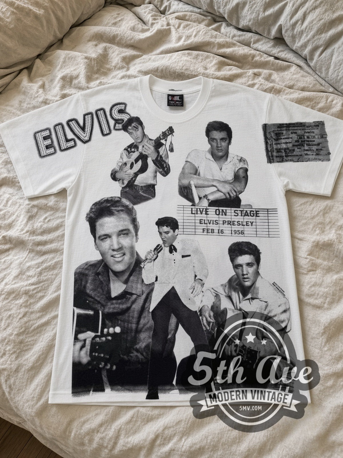 Elvis Presley Live On Stage Collage White all-over-print vintage band tee laid flat