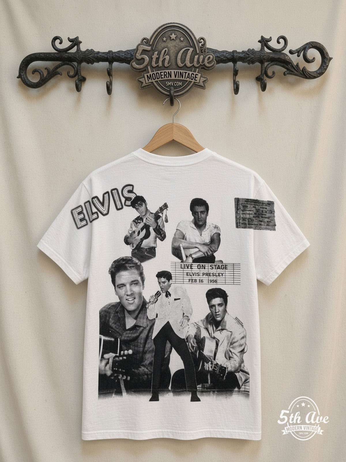 Elvis Presley Live On Stage Collage White all over print vintage tee back on cream 5th Ave rack