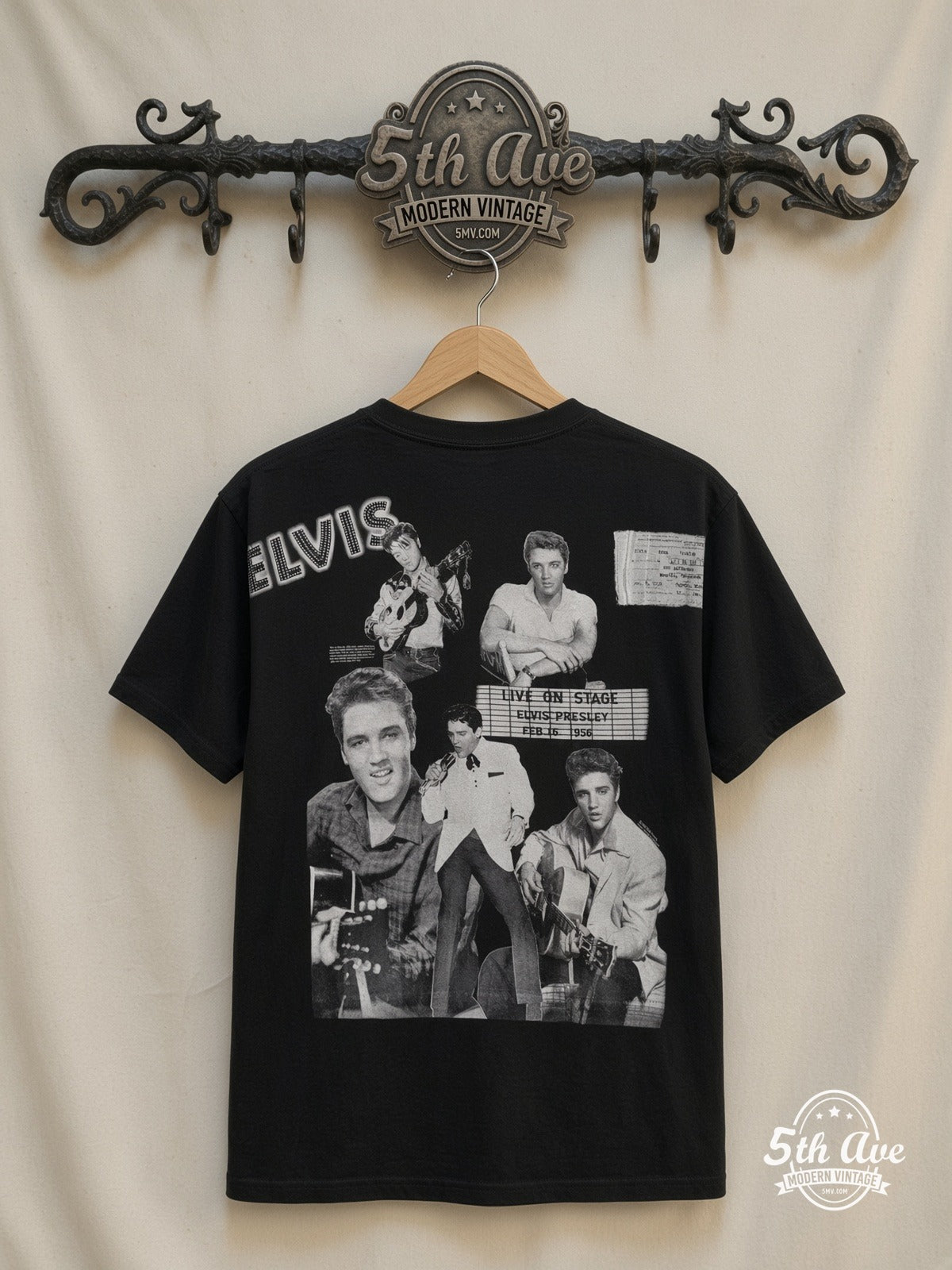 Elvis Presley Live On Stage Collage all over print vintage tee back on cream 5th Ave rack