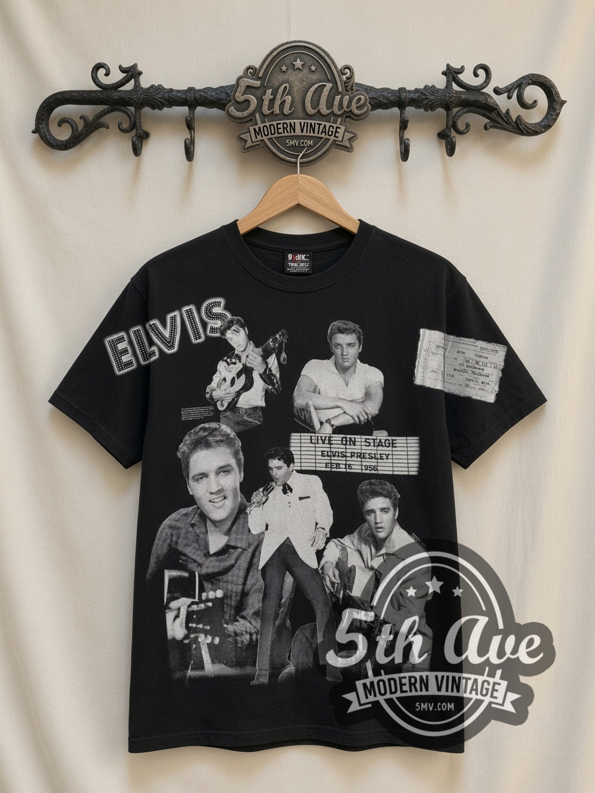 Elvis Presley Live On Stage Collage all-over-print vintage band tee in black, front view on a display rack