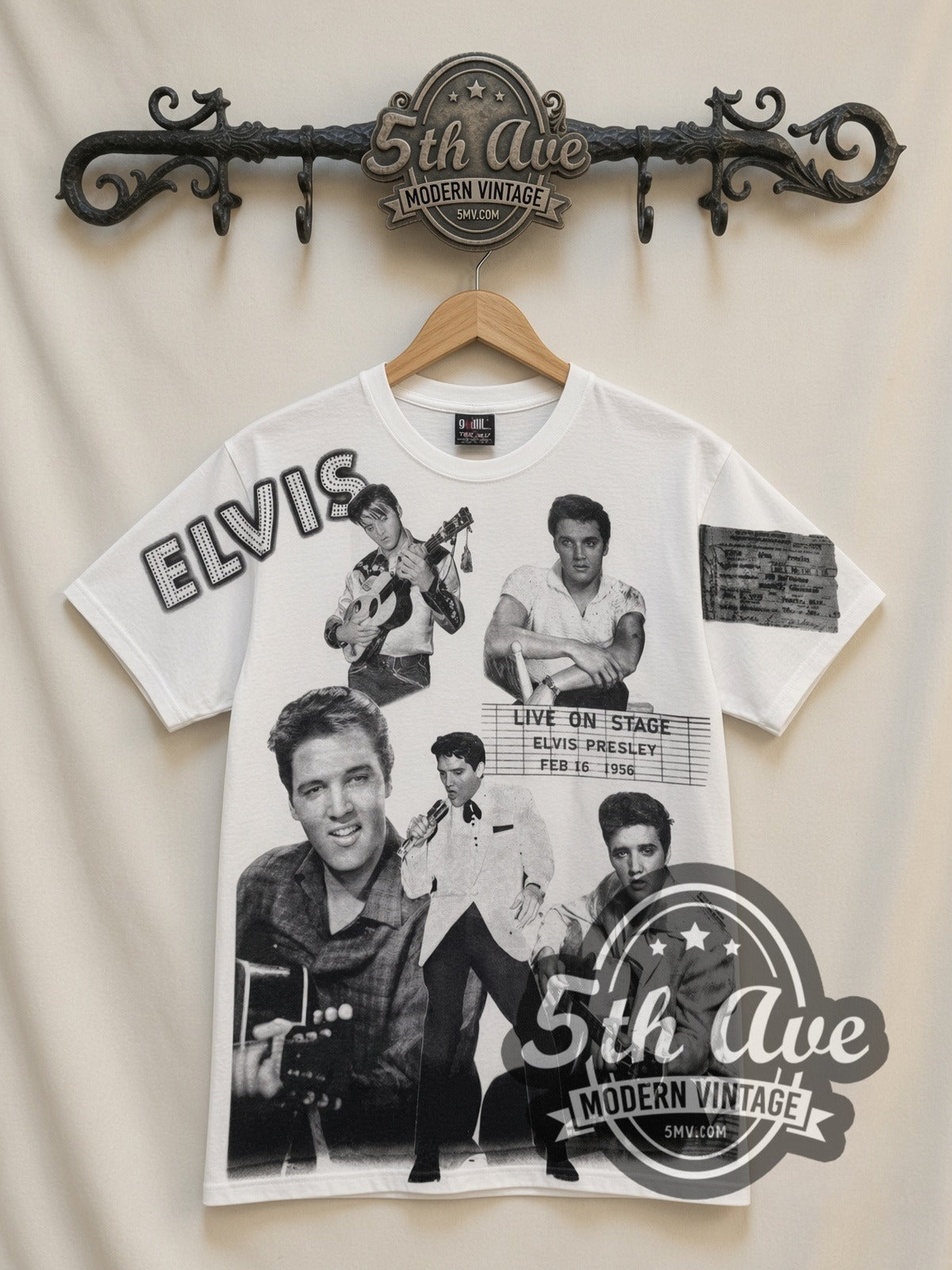 Elvis Presley Live On Stage Collage all-over-print vintage band tee in white, front view on a display rack