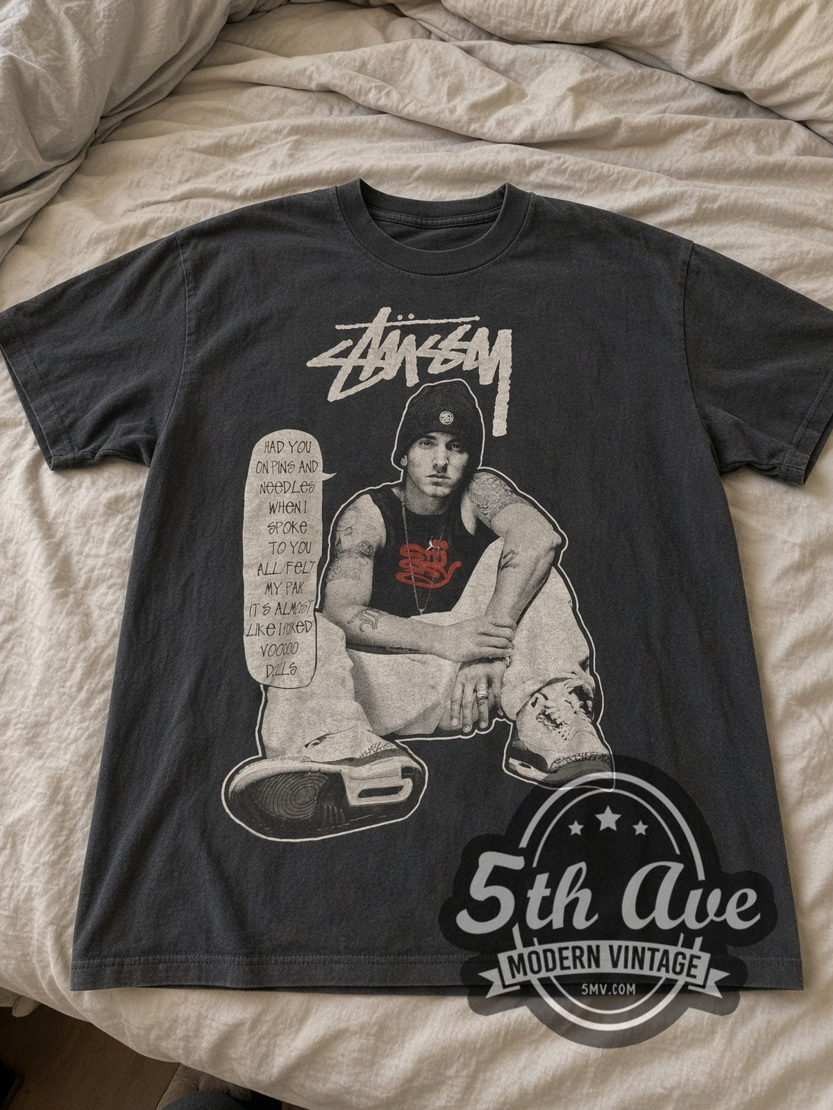Eminem Stussy Pins and Needles vintage band tee laid flat