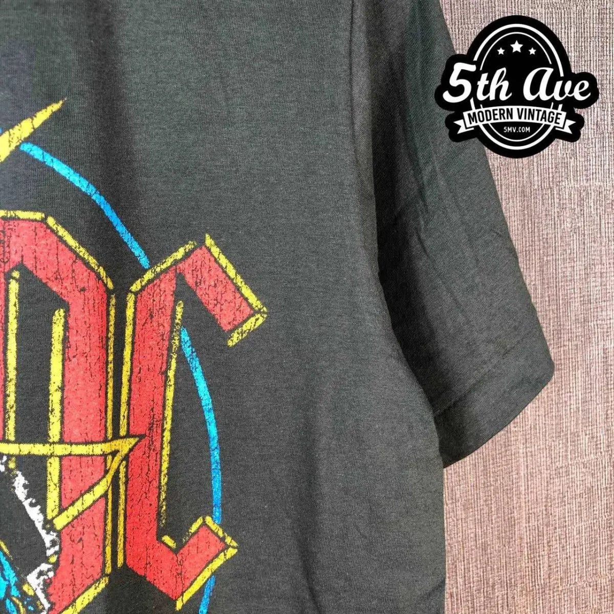 Model wearing AC/DC – Back in Black Tour 1980 vintage band tee