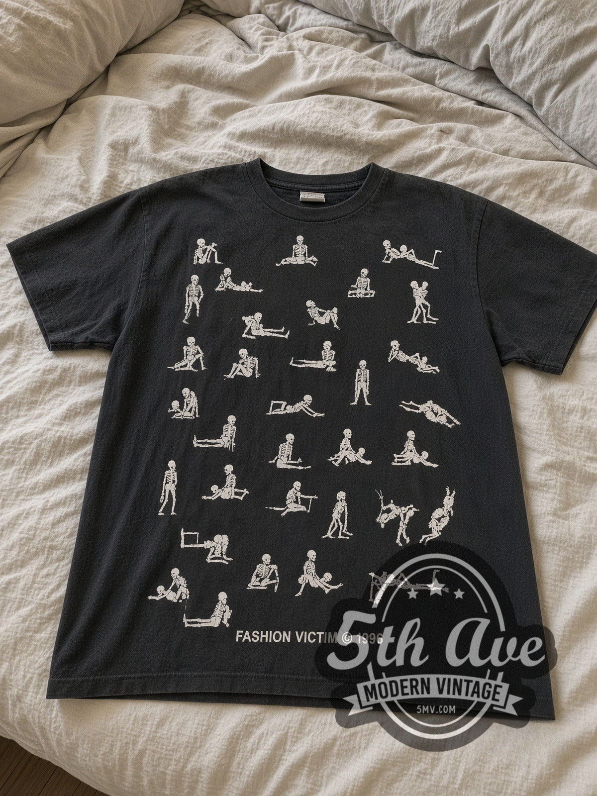 Fashion Victim Skeleton Kama Sutra 1996 vintage graphic tee laid flat