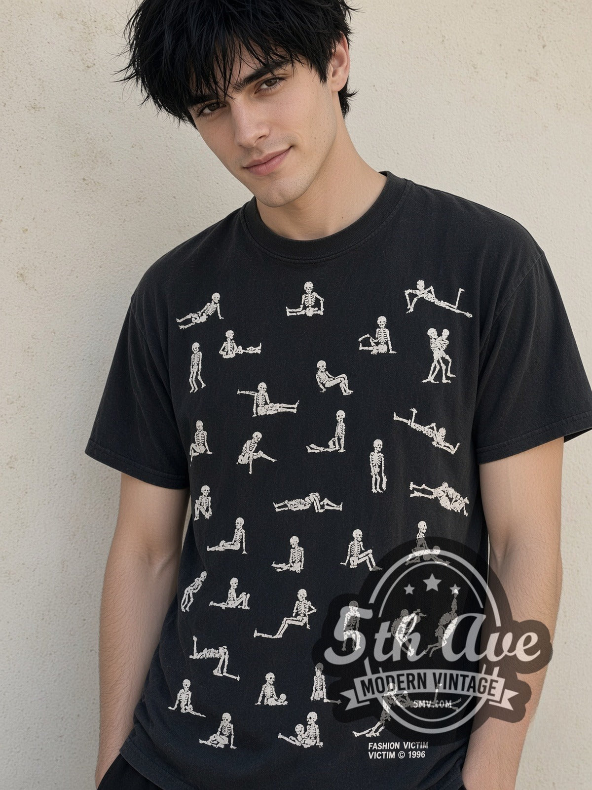 Model wearing the Fashion Victim Skeleton Kama Sutra 1996 vintage graphic t-shirt