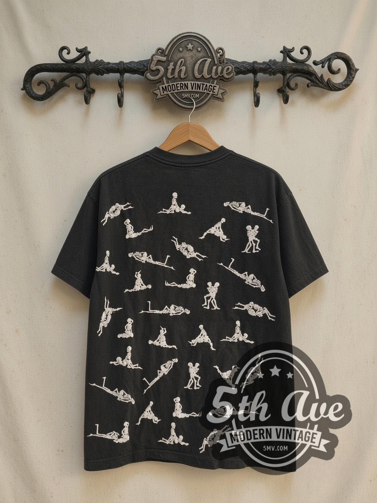 Fashion Victim Skeleton Kama Sutra 1996 vintage graphic t-shirt, back view on a display rack