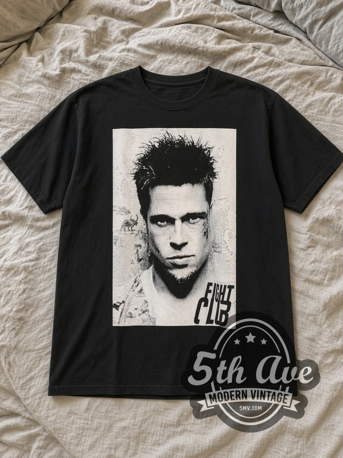 Black Fight Club The Narrator Vintage Movie T-Shirt laid flat on a linen bed