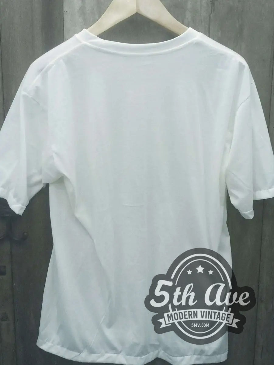 Fleetwood Mac – Penguin Logo (White) vintage band t-shirt hanging on a hanger