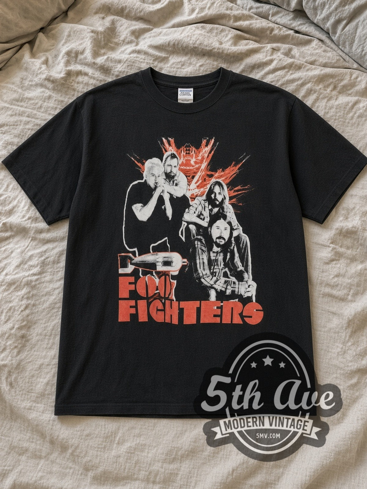 Black Foo Fighters Tour 2008 Vintage Band T-Shirt laid flat on a linen bed
