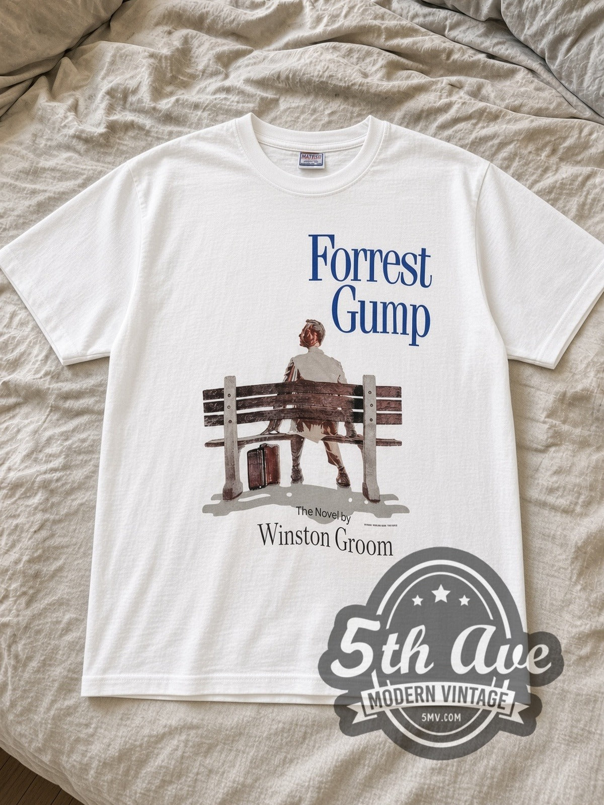 White Forrest Gump Run Forrest Run Vintage Movie T-Shirt laid flat on a linen bed