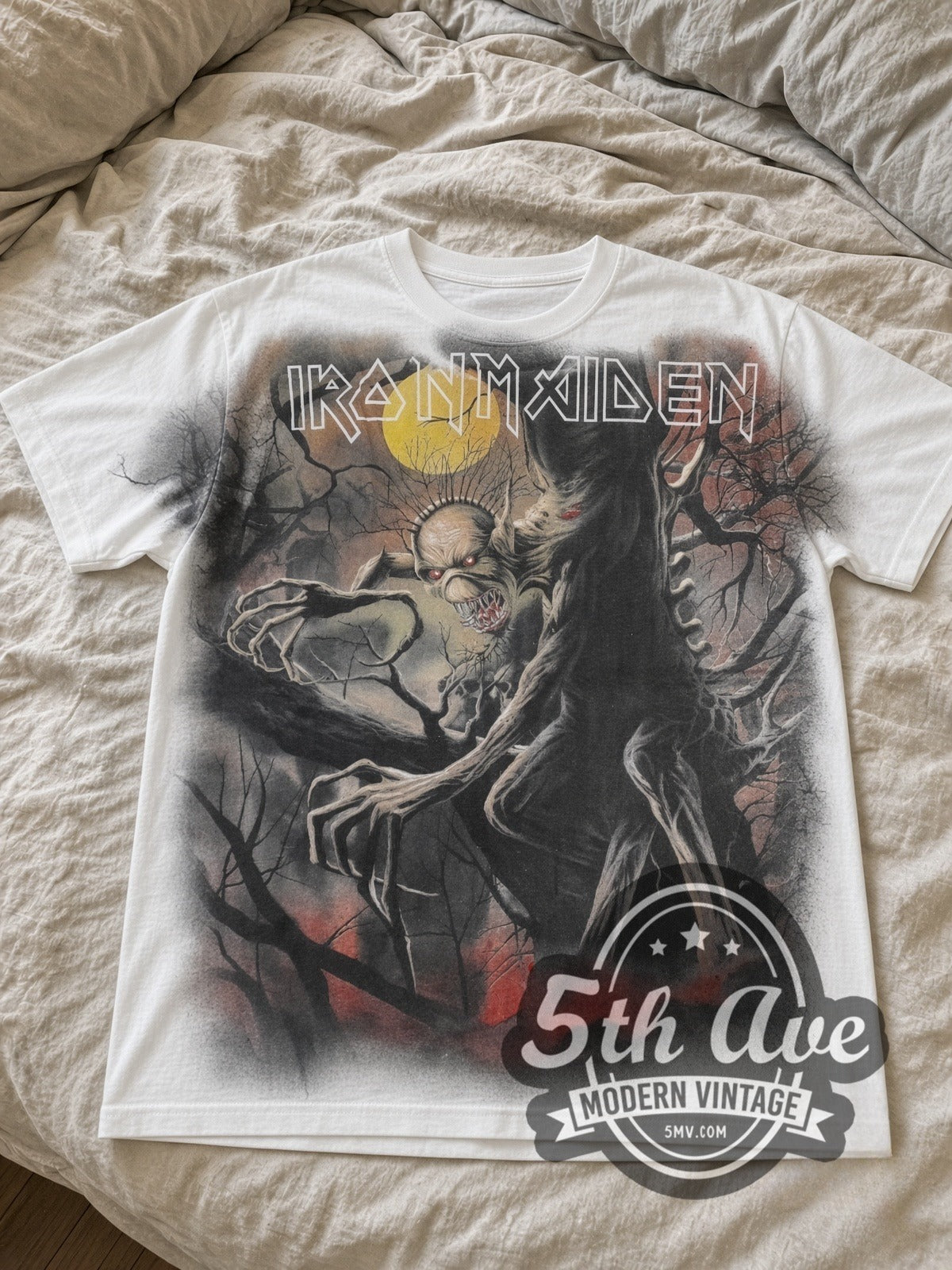 Iron Maiden Fear of the Dark Eddie Tree Moon all-over-print vintage band tee laid flat
