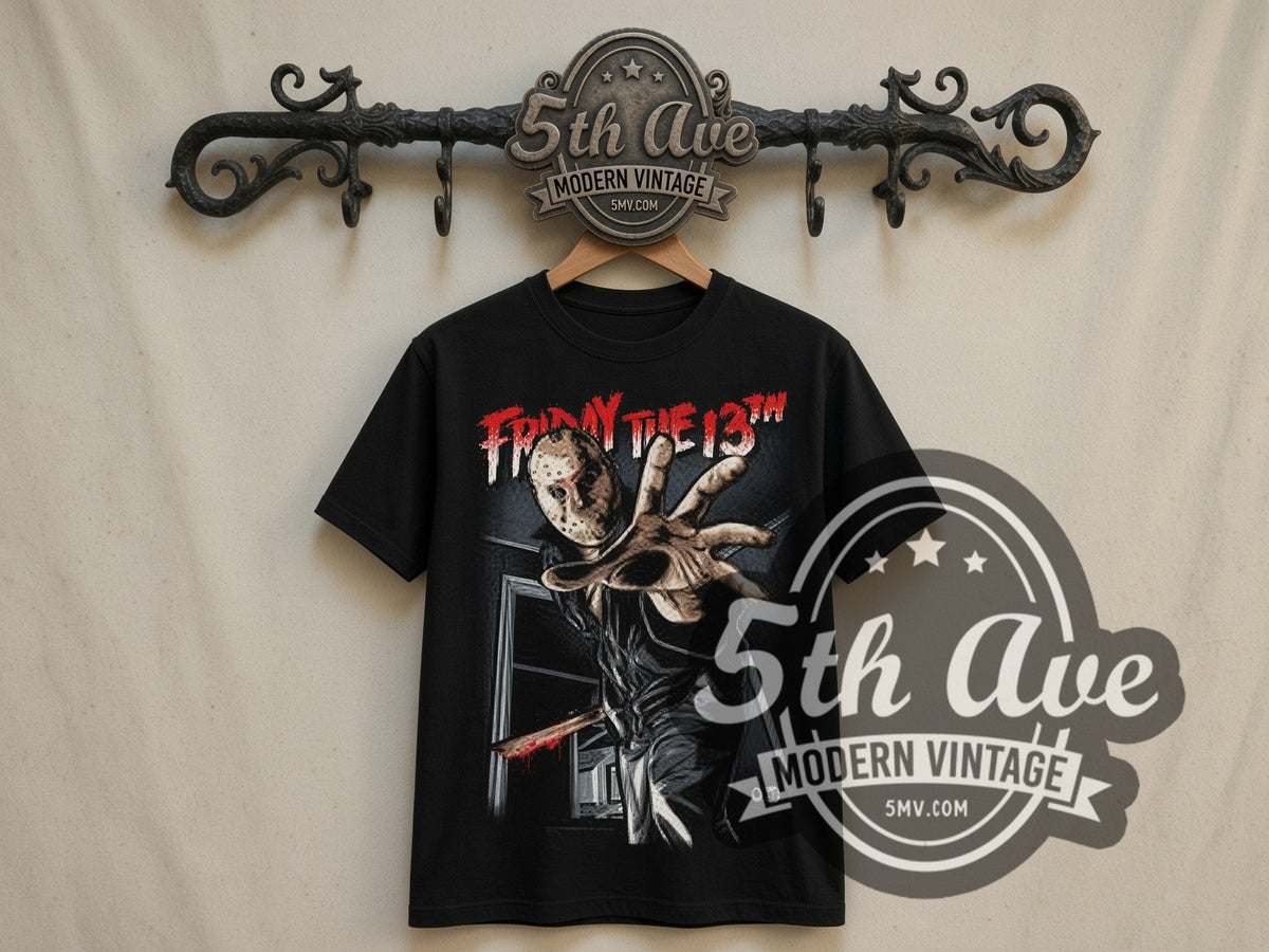 Friday the 13th Jason Reaching Through Door double stitched black vintage movie tee front on dark iron 5th Ave rack