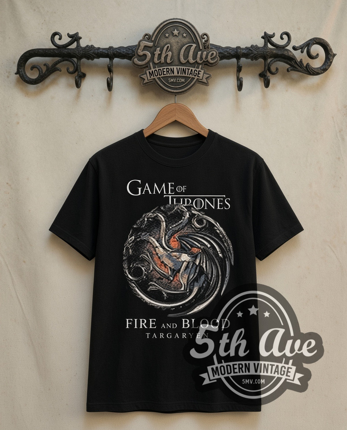 Game of Thrones House Targaryen Fire and Blood double stitched black tee front on dark iron 5th Ave rack
