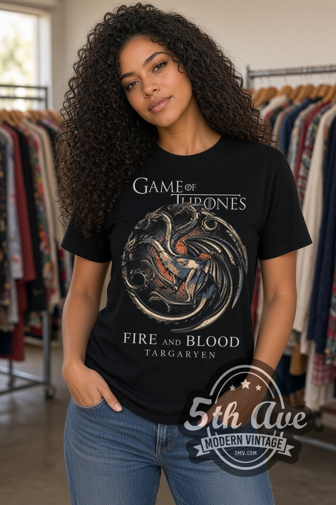 Woman wearing Game of Thrones House Targaryen Fire and Blood double stitched black graphic tee