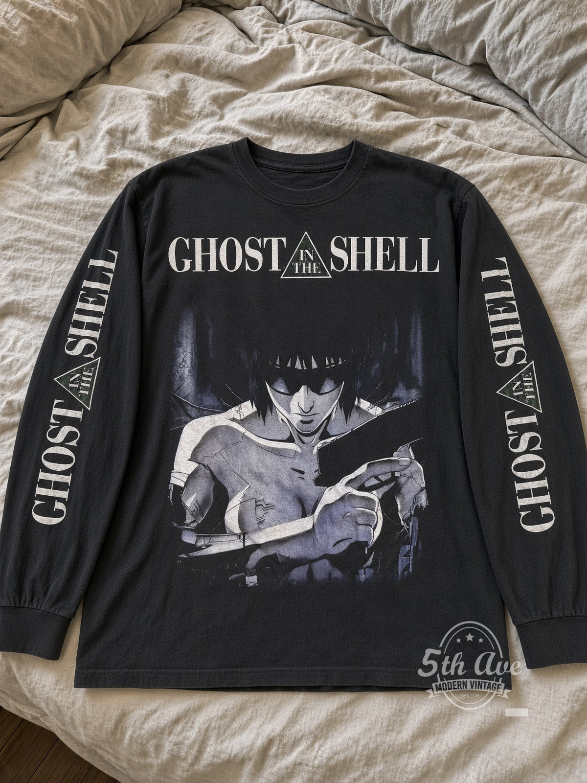 Ghost in the Shell Major Kusanagi Floating Shell Long Sleeve vintage anime tee laid flat on bed