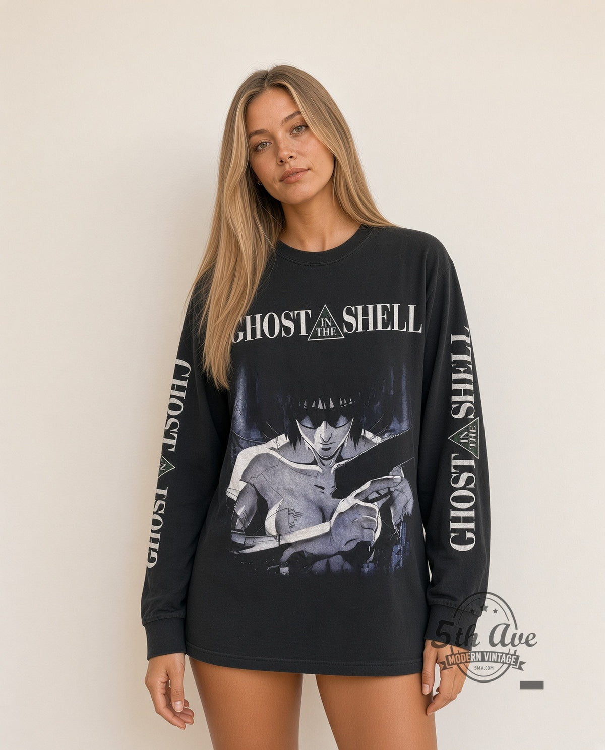 Model wearing Ghost in the Shell Major Kusanagi Floating Shell Long Sleeve vintage anime tee
