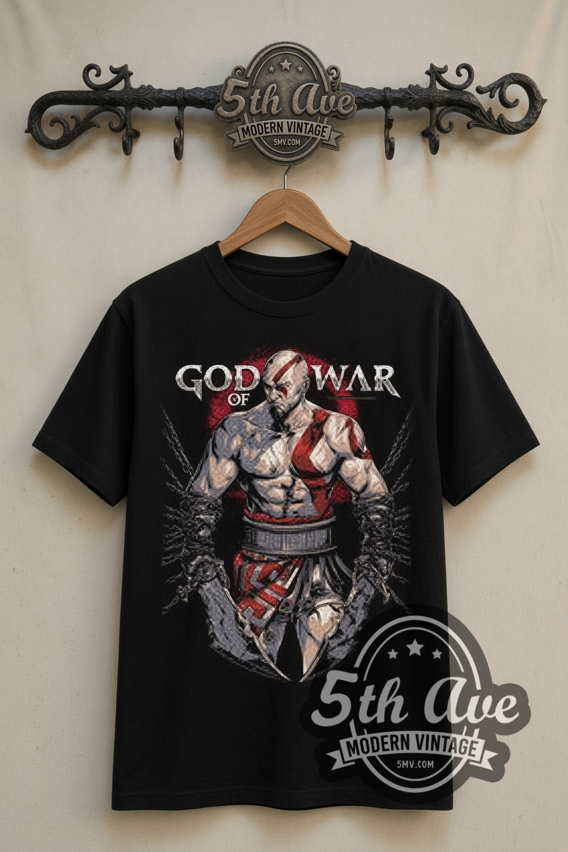God of War Kratos double stitched black tee front on dark iron 5th Ave rack