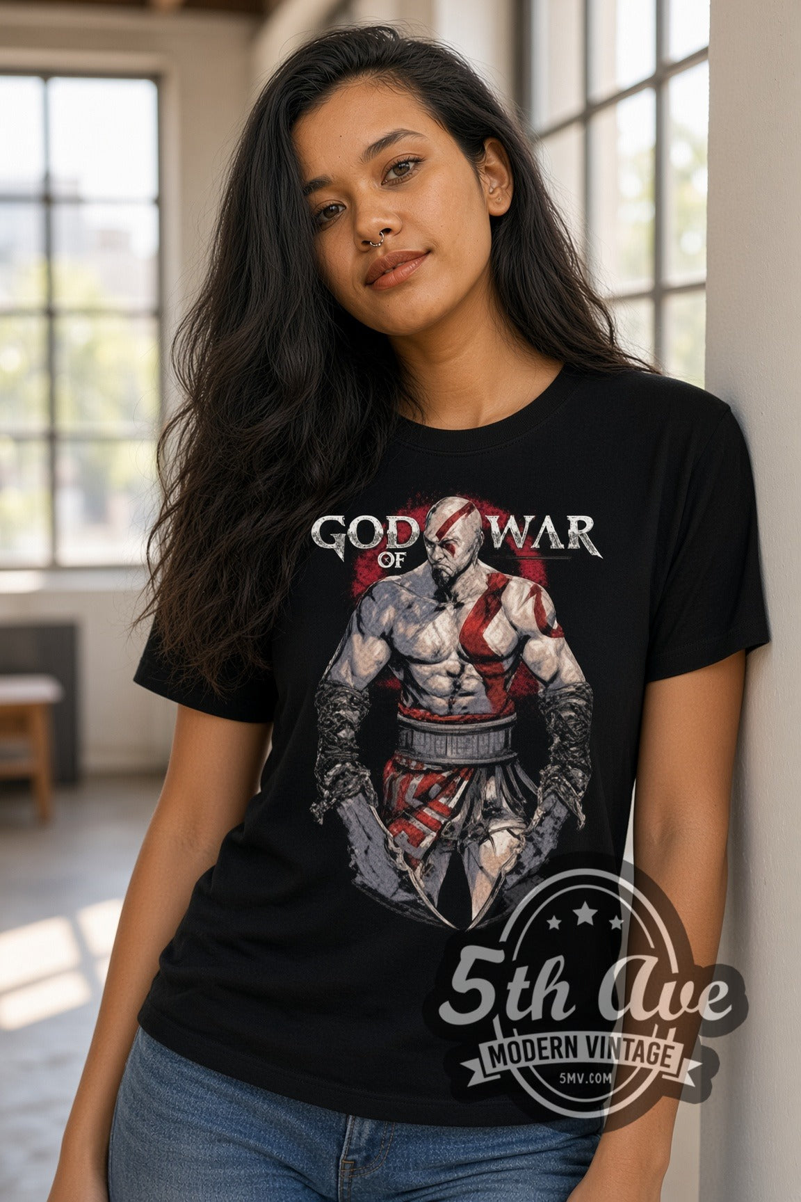 Woman wearing God of War Kratos double stitched black graphic tee