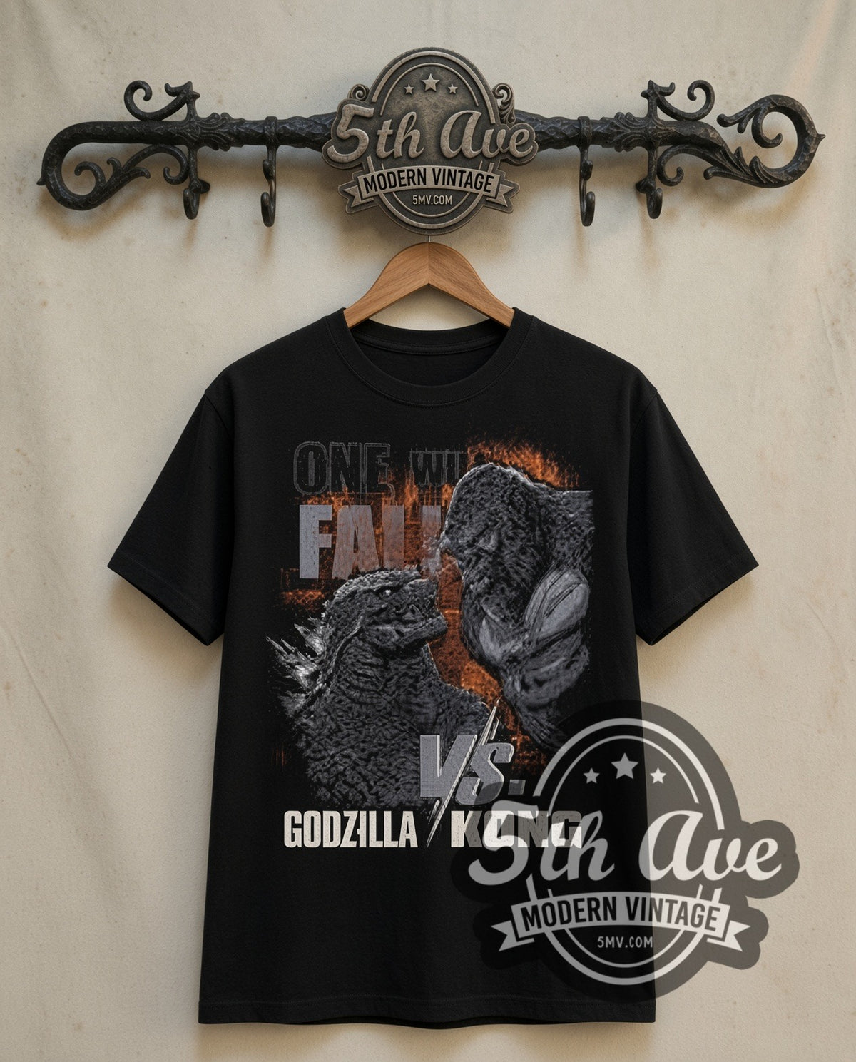 Godzilla vs. Kong One Will Fall double stitched black tee front on dark iron 5th Ave rack