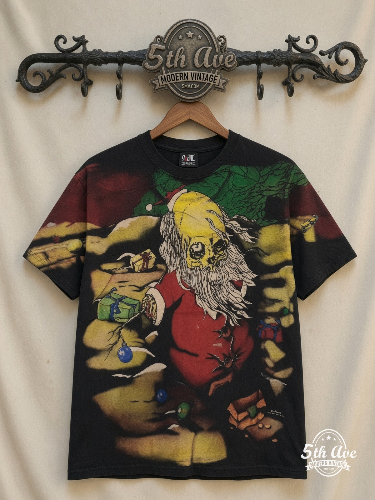 Grateful Dead Psychedelic Santa all over print vintage band t-shirt front on cream 5th Ave rack