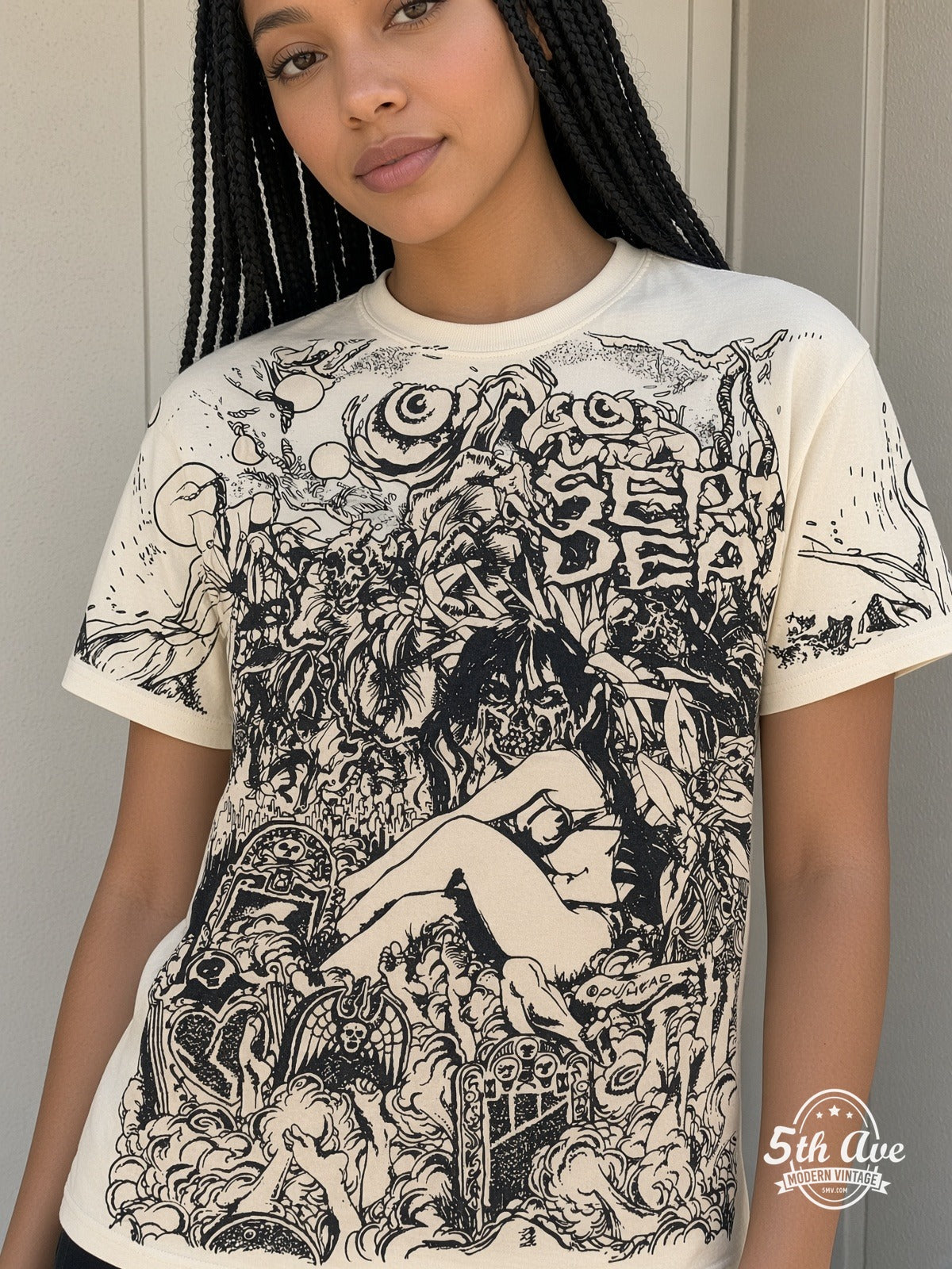Grateful Dead Skeleton Roses all over print vintage tee model wearing
