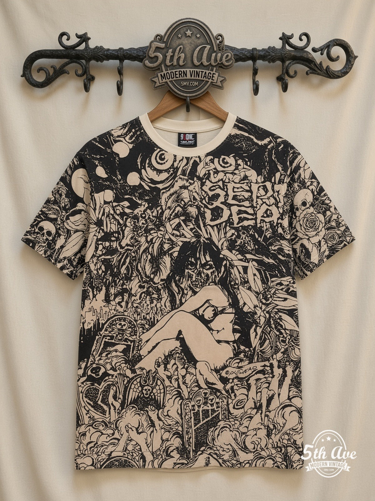 Grateful Dead Skeleton Roses all over print vintage band t-shirt front on cream 5th Ave rack