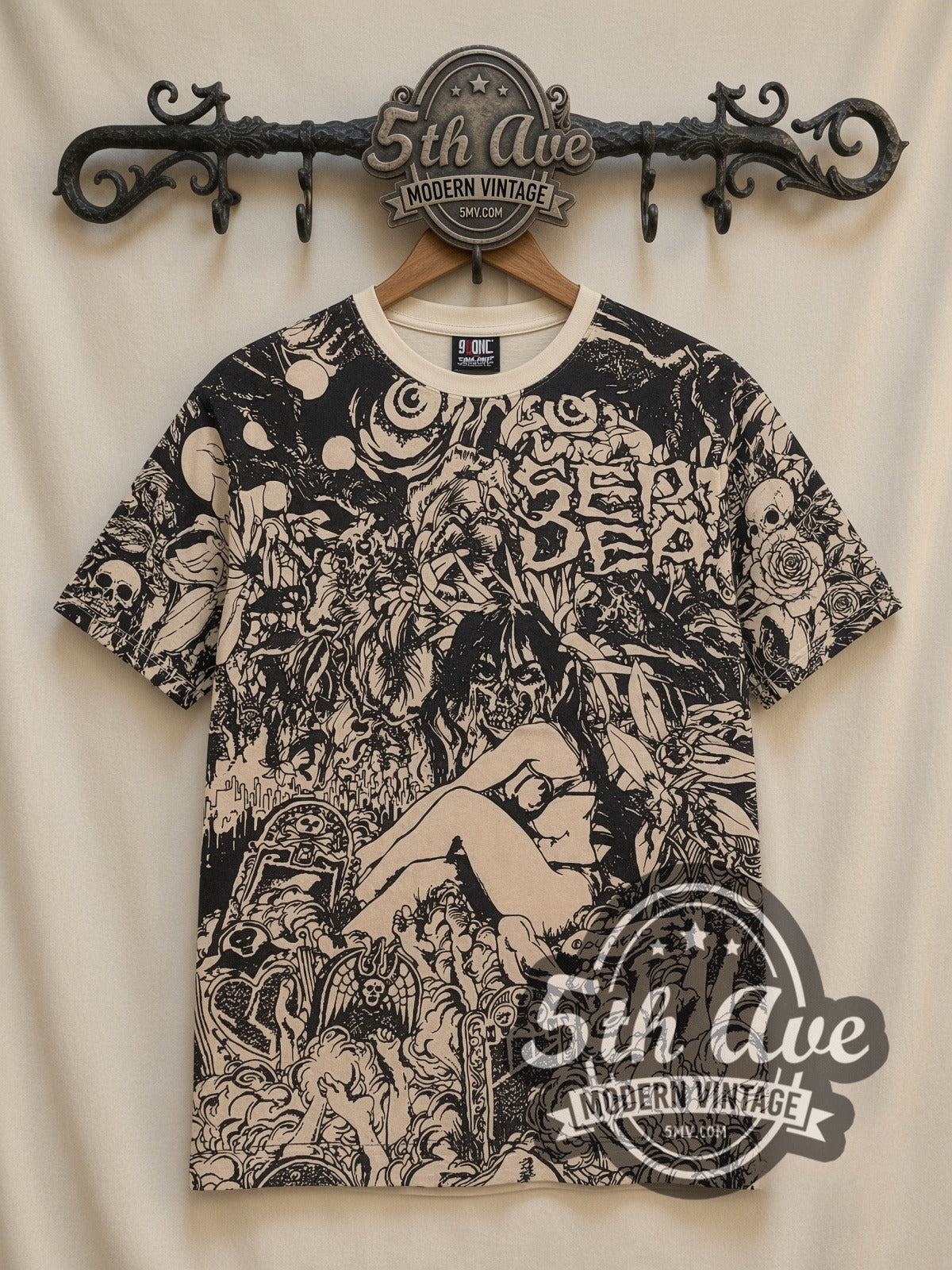 Septic Death Skeleton Roses all-over-print vintage band t-shirt, front view on a display rack