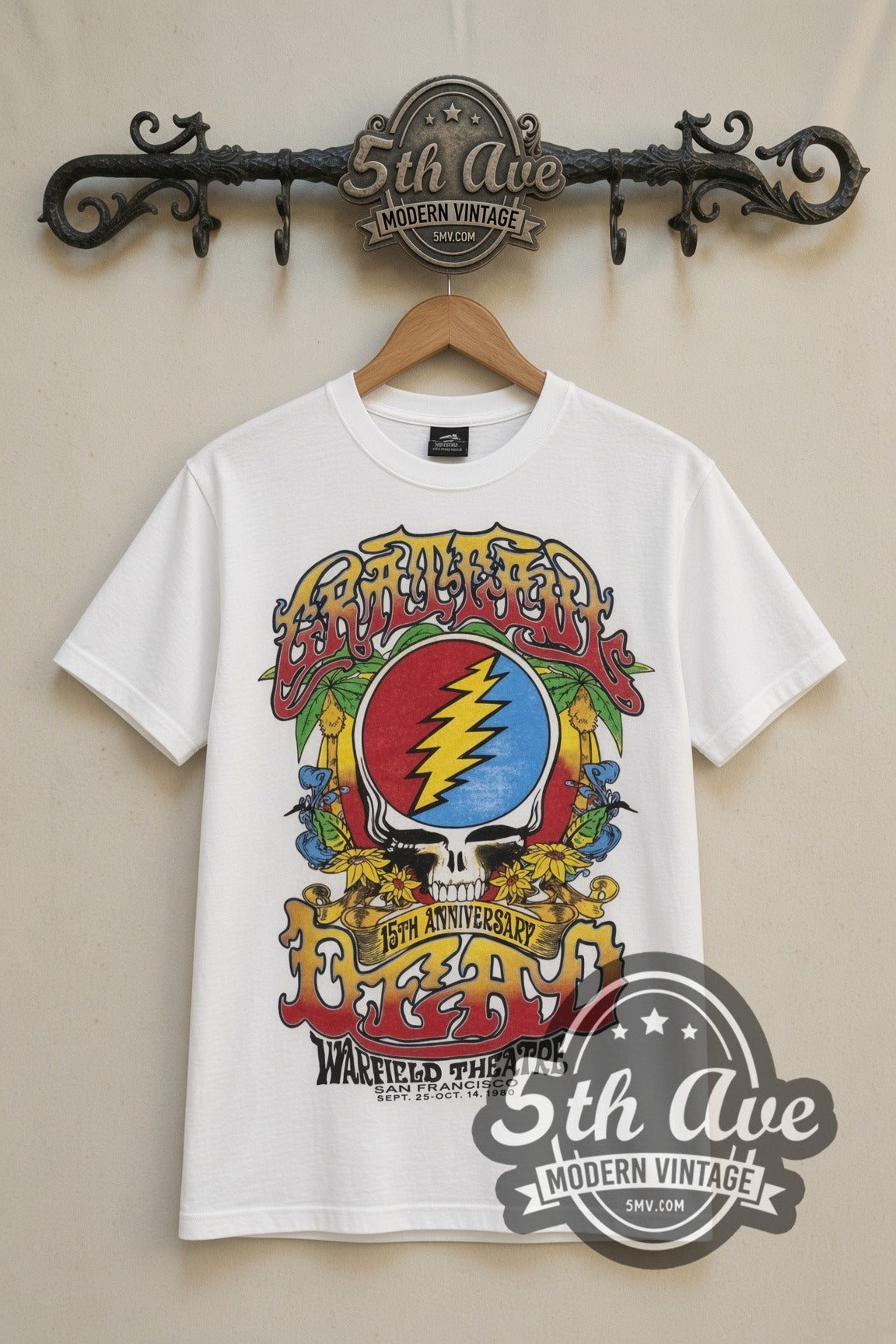Grateful Dead Steal Your Face & Rose Skeleton Warfield vintage band t-shirt in white, front view on a display rack