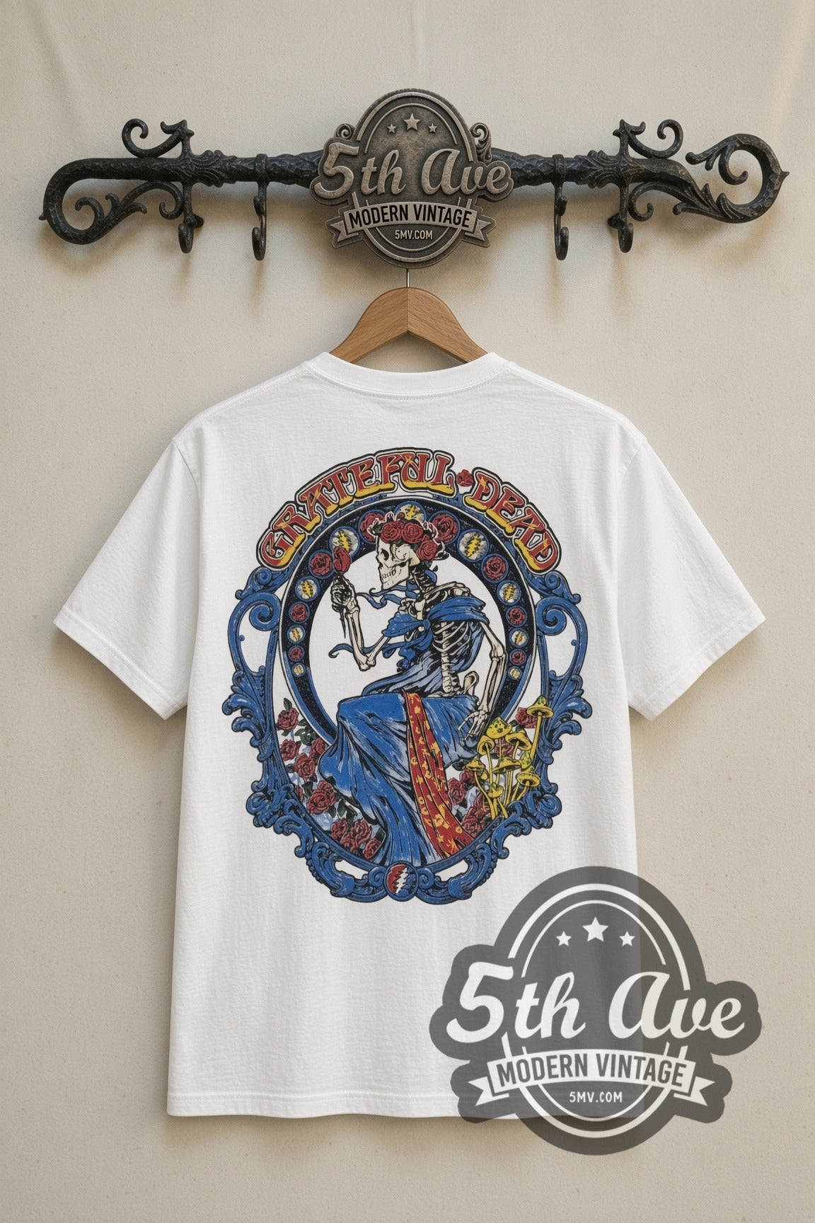 Grateful Dead Steal Your Face & Rose Skeleton Warfield band t-shirt in white, back view on a display rack