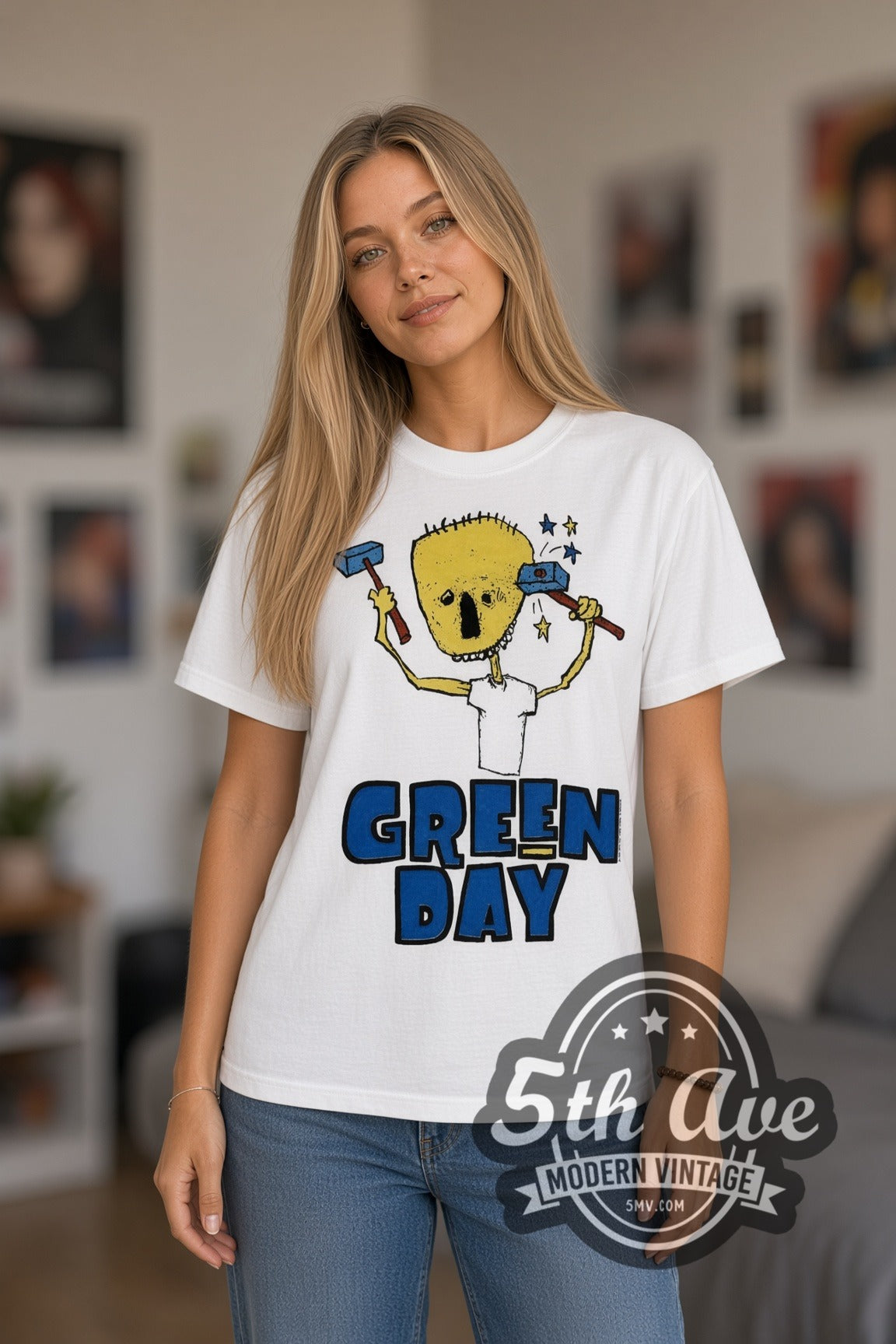 Model wearing the Green Day Nimrod Hammer Skull band t-shirt in white
