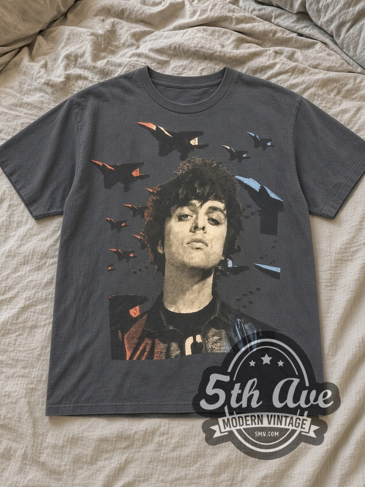 Charcoal Green Day Frontman Portrait Vintage Band T-Shirt laid flat on a linen bed