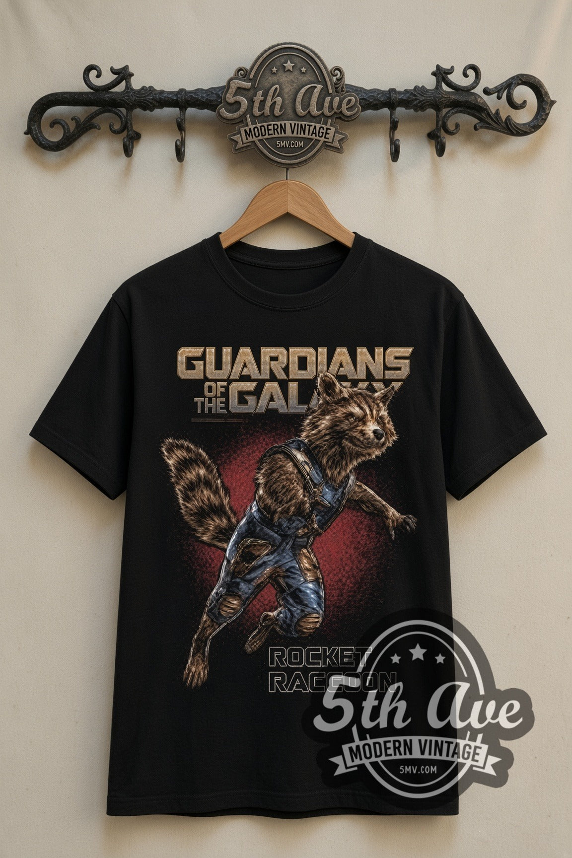Rocket Raccoon double stitched black tee front on dark iron 5th Ave rack