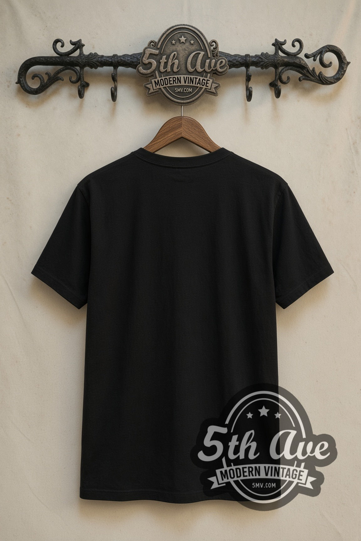 Plain black back of Rocket Raccoon double stitched tee on rack