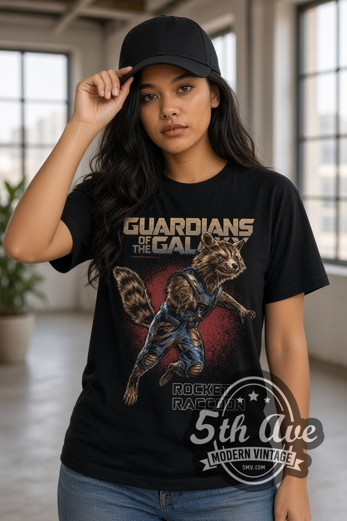 Woman wearing Rocket Raccoon double stitched black graphic tee