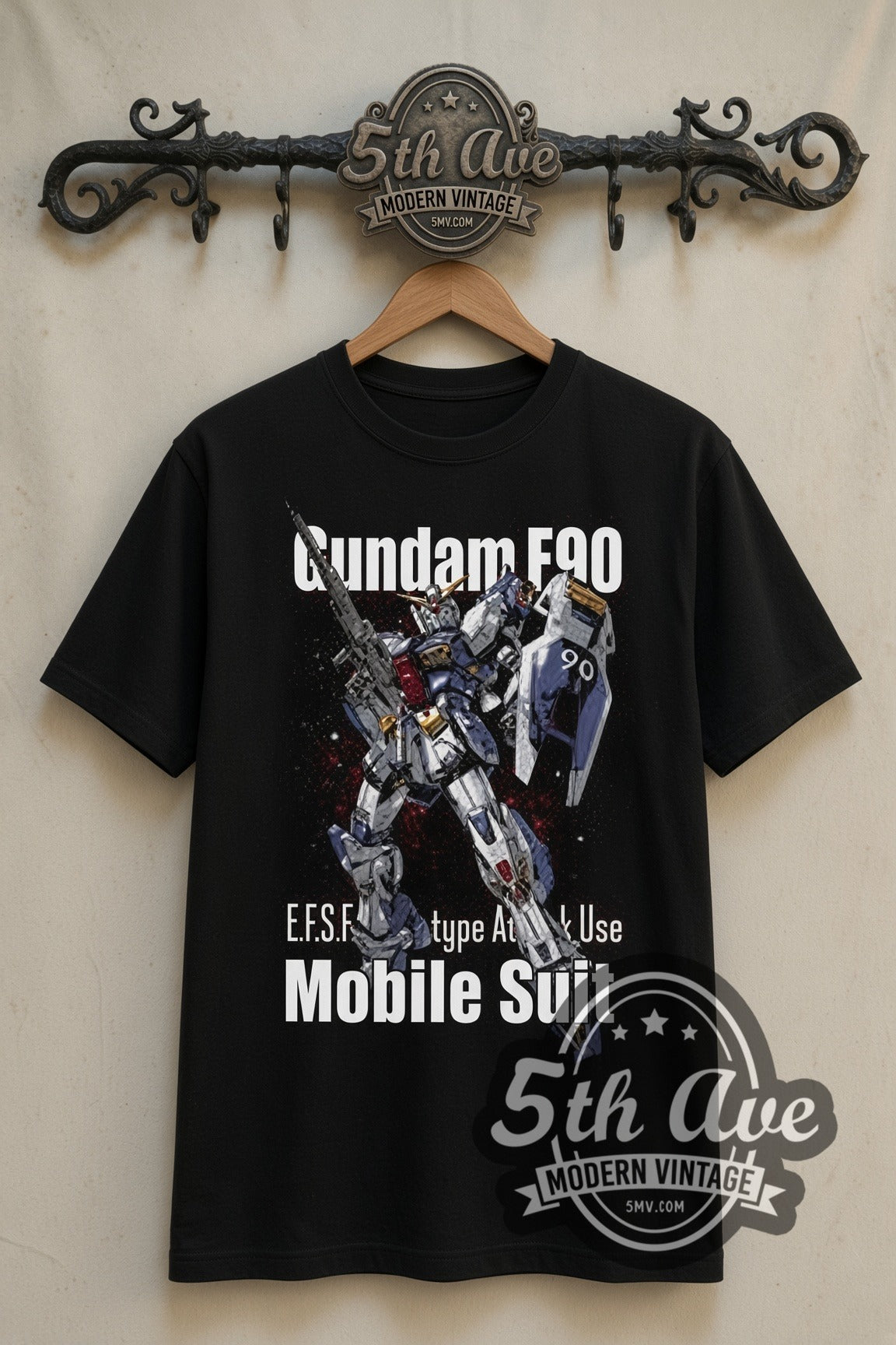 Gundam F90 double stitched black tee front on dark iron 5th Ave rack