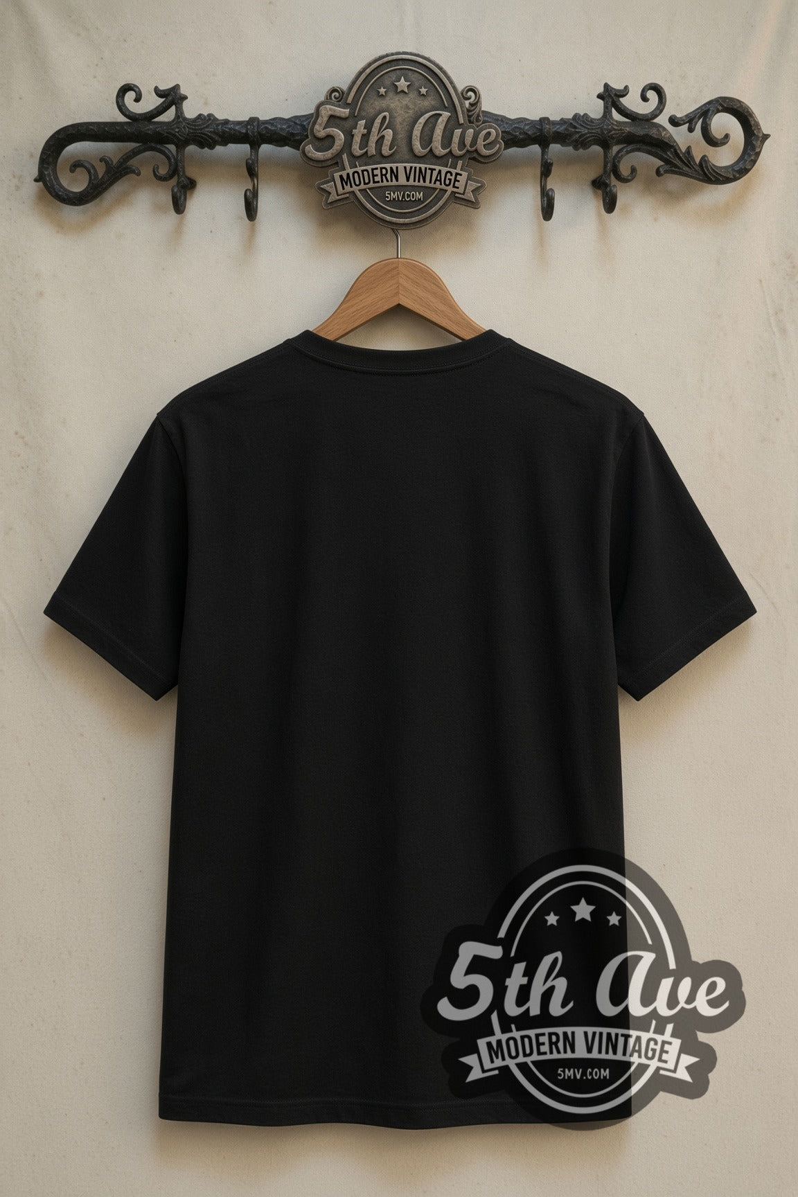 Plain black back of Gundam F90 double stitched tee on rack