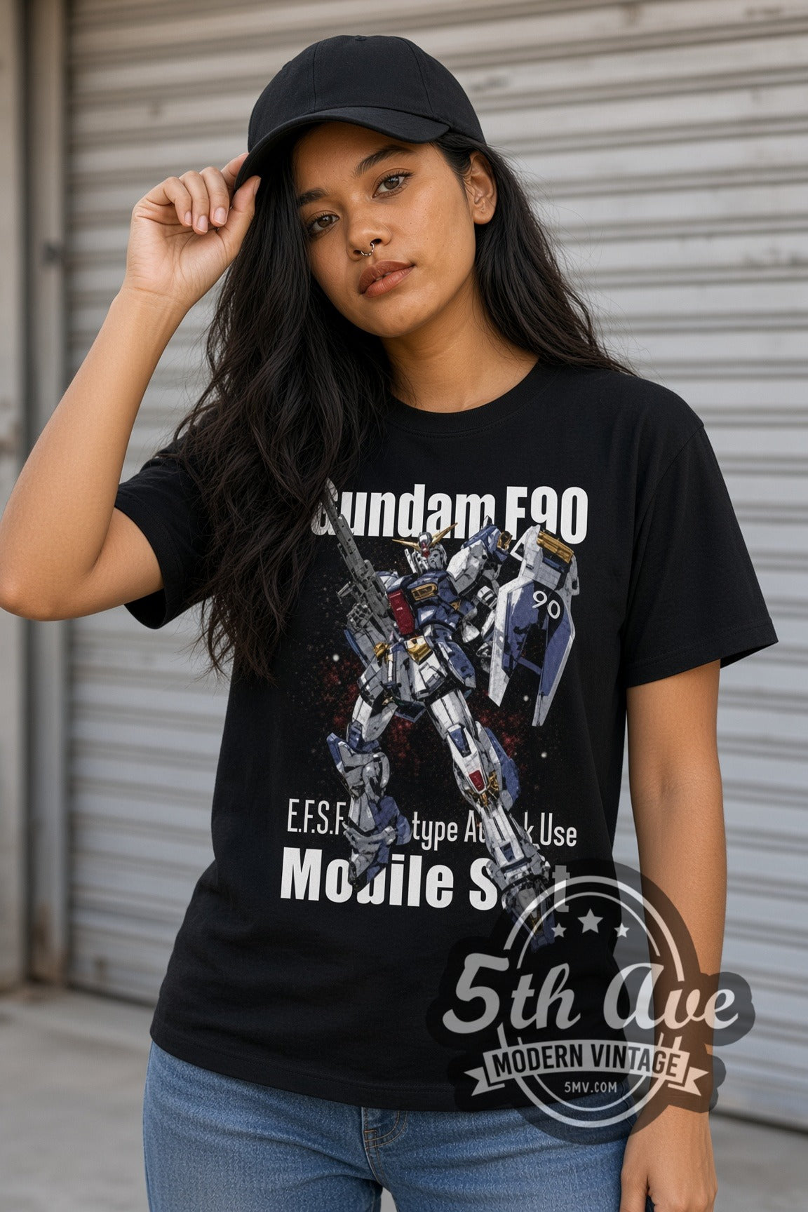 Woman wearing Gundam F90 double stitched black graphic tee