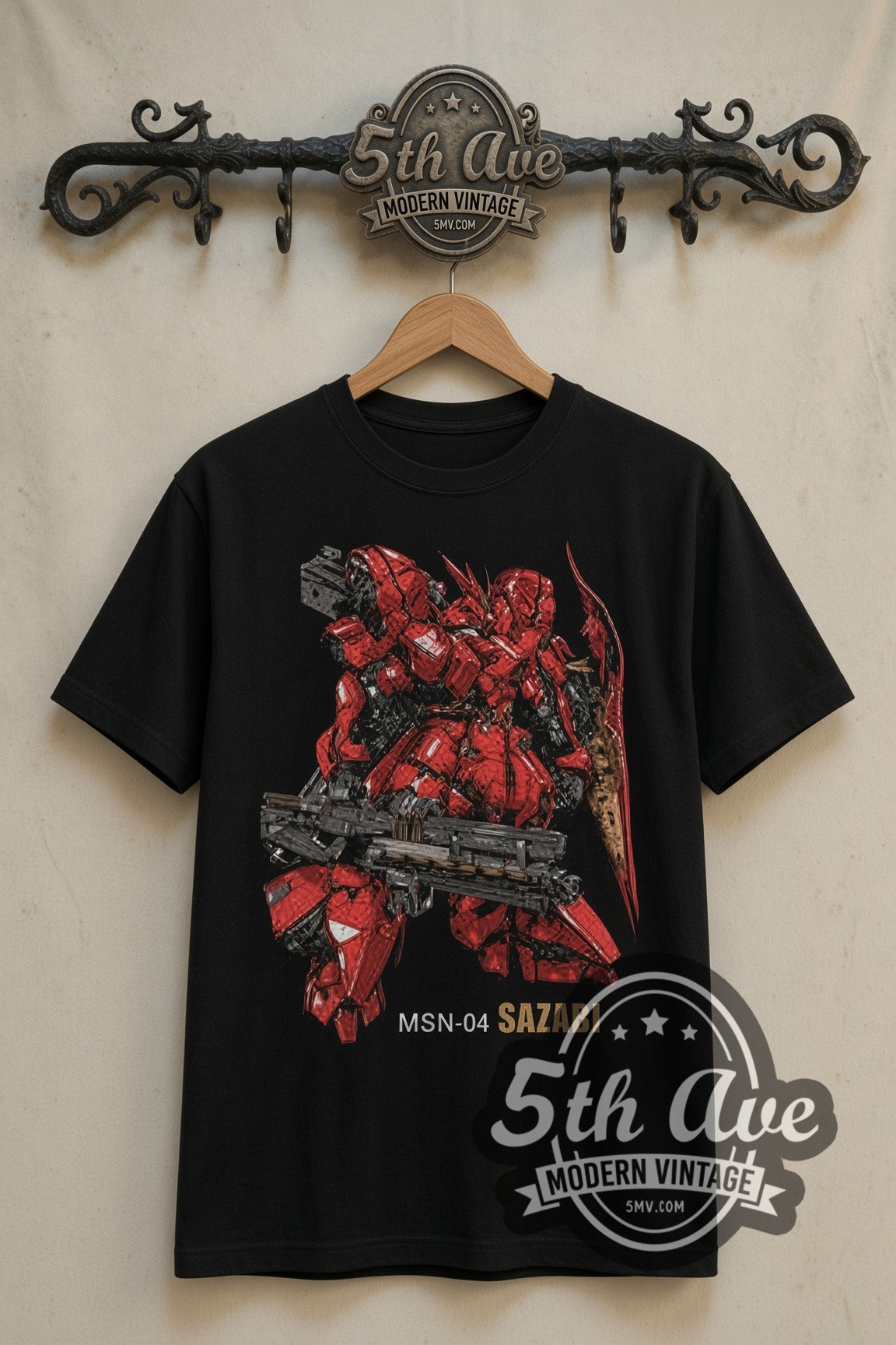 Gundam Sazabi double stitched black tee front on dark iron 5th Ave rack