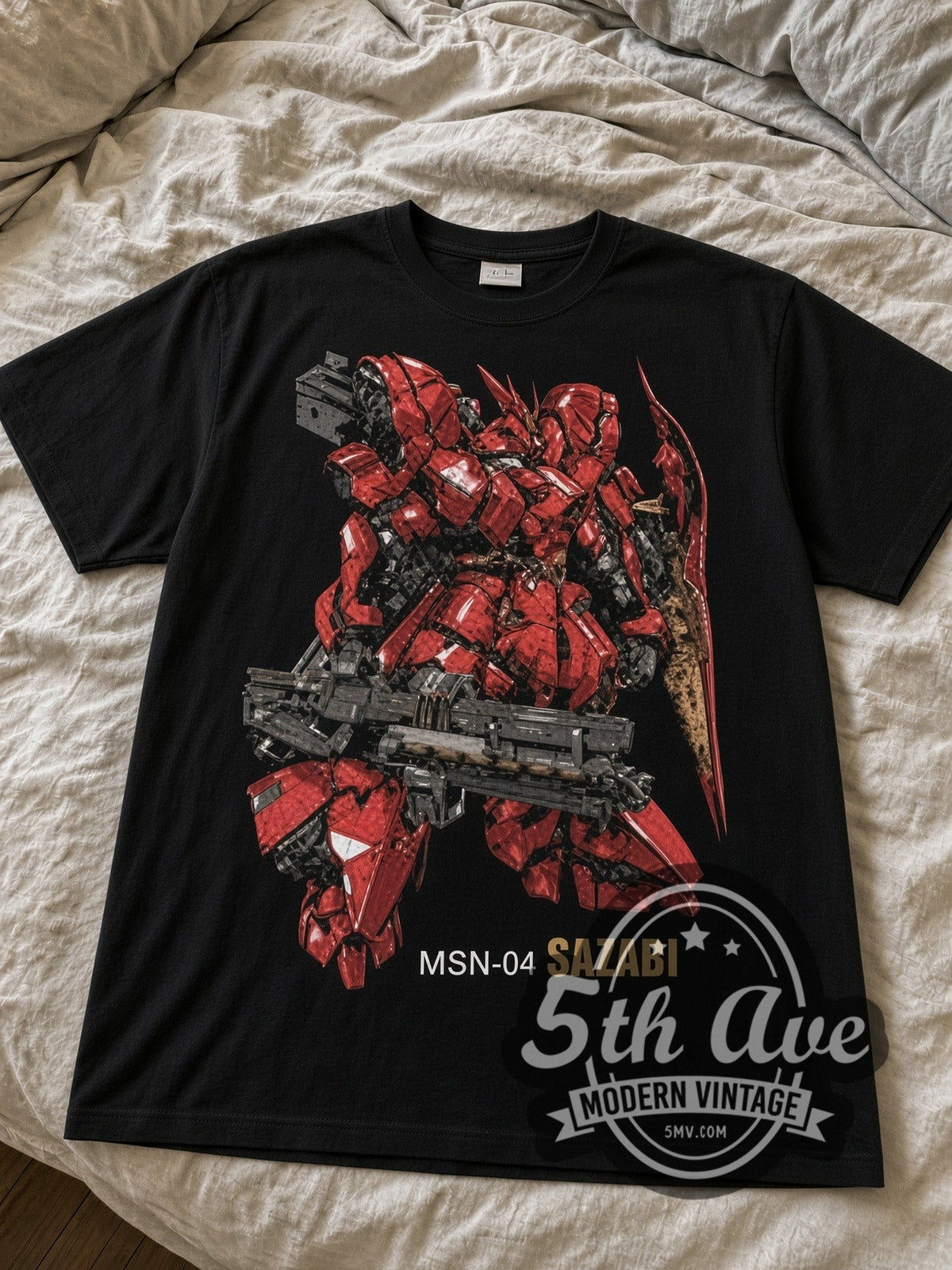 Gundam Sazabi black graphic tee laid flat on linen bed