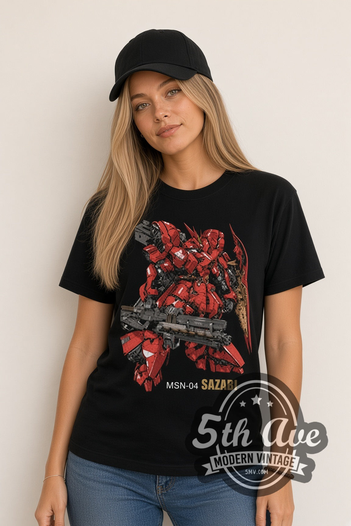 Woman wearing Gundam Sazabi double stitched black graphic tee