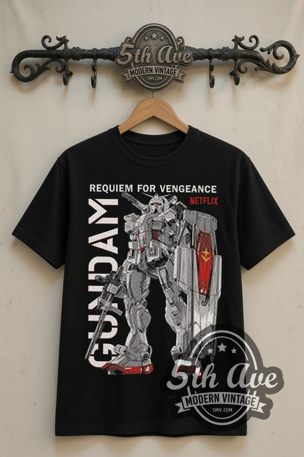 Gundam Requiem for Vengeance double stitched black tee front on dark iron 5th Ave rack