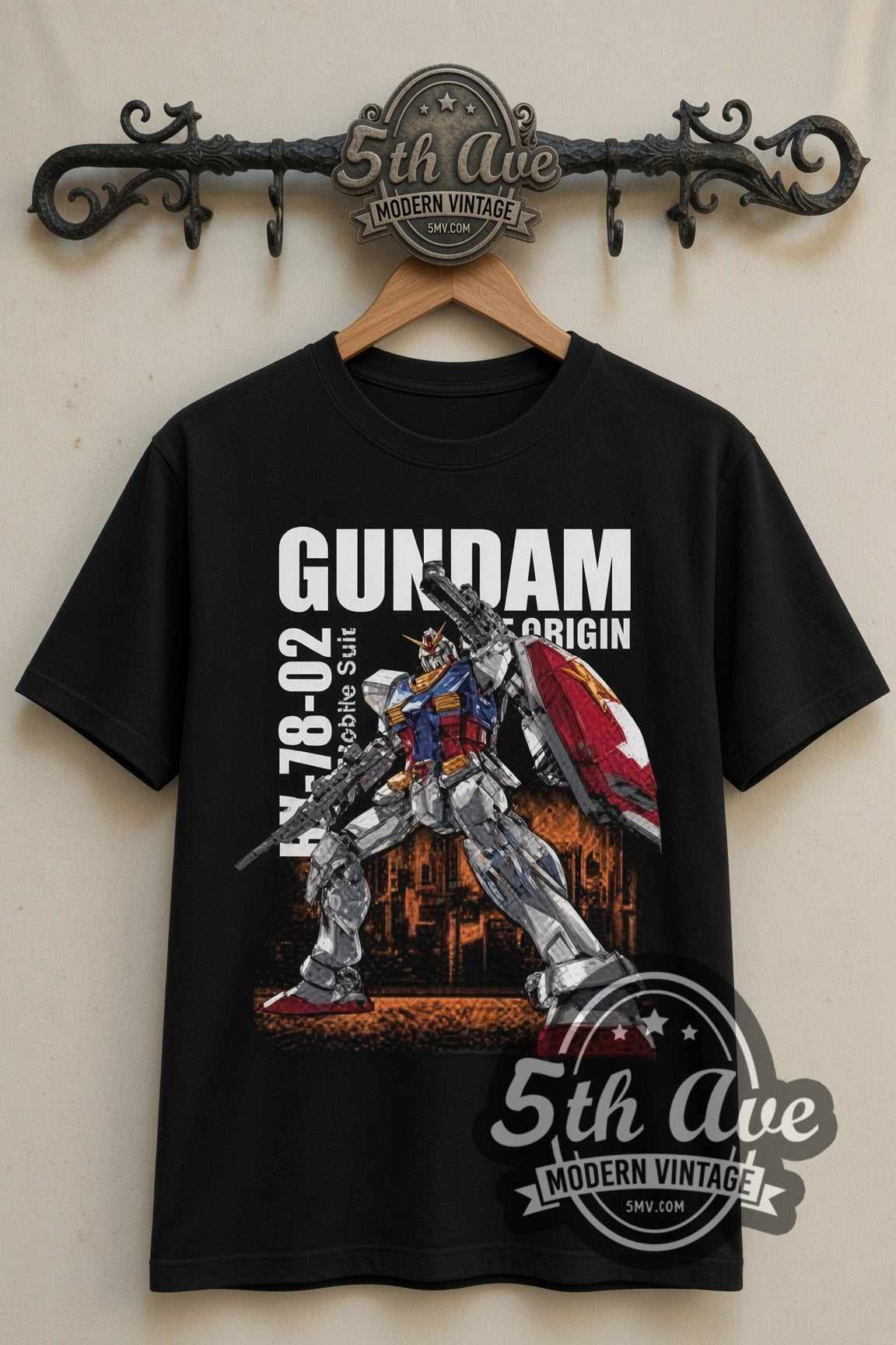 Gundam RX-78-02 The Origin double stitched black tee front on dark iron 5th Ave rack