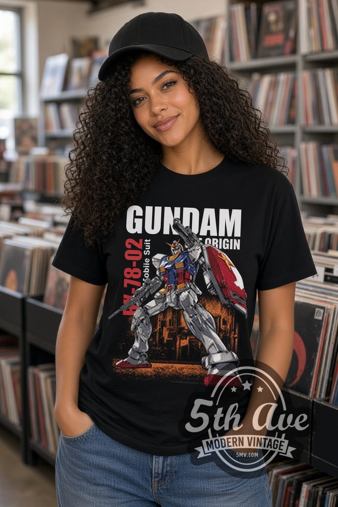 Woman wearing Gundam RX-78-02 The Origin double stitched black graphic tee