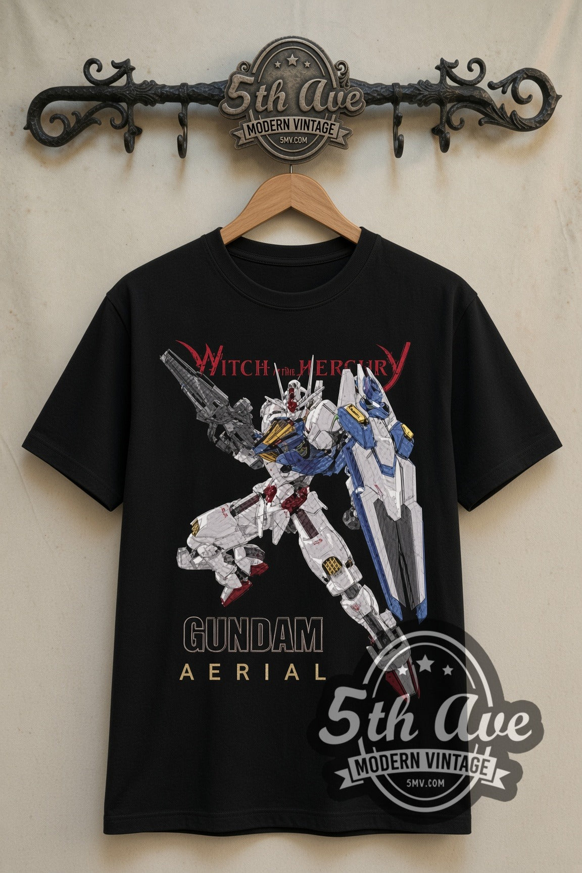 Gundam Witch from Mercury Aerial double stitched black tee front on dark iron 5th Ave rack