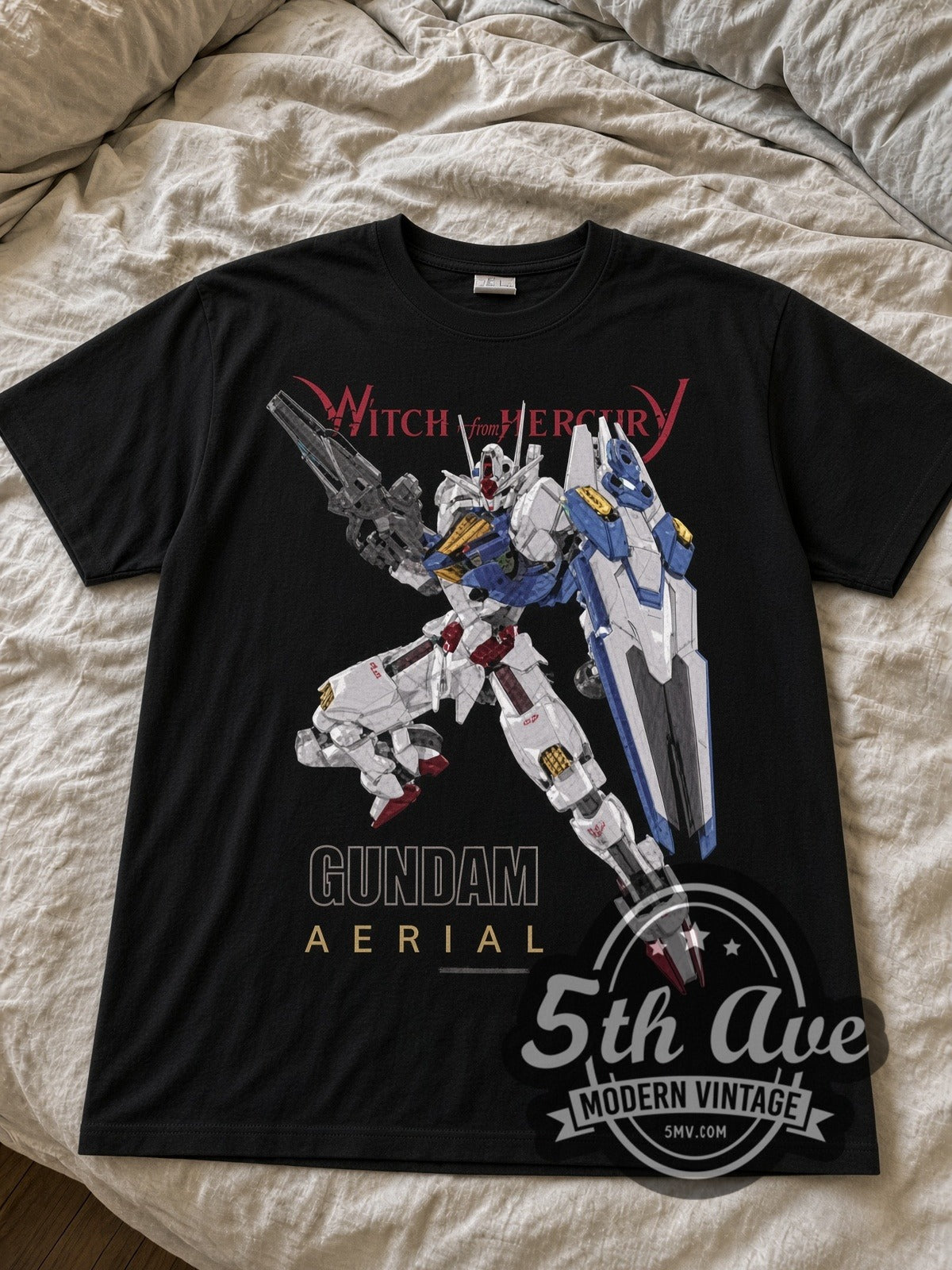 Gundam Witch from Mercury Aerial black graphic tee laid flat on linen bed