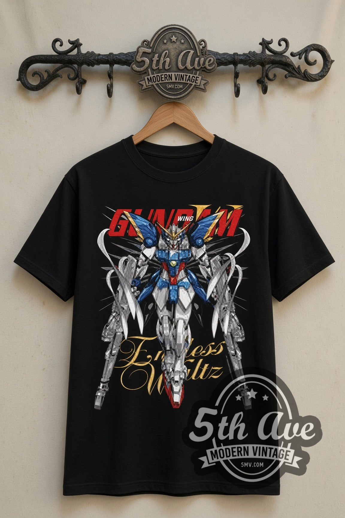 Gundam Wing Endless Waltz Wing Zero double stitched black tee front on dark iron 5th Ave rack