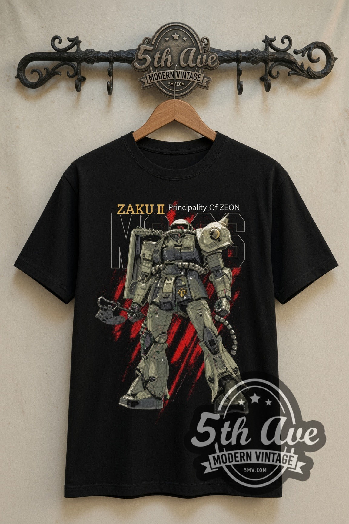 Gundam Zaku II double stitched black tee front on dark iron 5th Ave rack